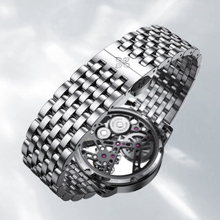 AGELOCER Original Skeleton Free-sprung Balance Flying Tourbillon Mechanical Watch Steel Strap-Zircon Version