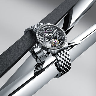 AGELOCER Original Skeleton Free-sprung Balance Flying Tourbillon Mechanical Watch Steel Strap-Zircon Version