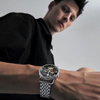 AGELOCER Original Skeleton Free-sprung Balance Flying Tourbillon Mechanical Watch Steel Strap-Zircon Version
