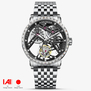 AGELOCER Original Skeleton Free-sprung Balance Flying Tourbillon Mechanical Watch Steel Strap-Zircon Version