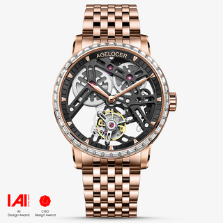 AGELOCER Original Skeleton Free-sprung Balance Flying Tourbillon Mechanical Watch Steel Strap-Zircon Version