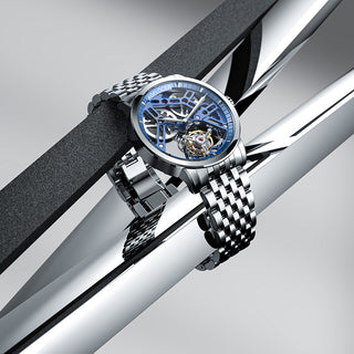 AGELOCER Original Hollow Blue Free-sprung Balance Flying Tourbillon Mechanical Watches Men Manual Winding Casual Stainless Steel
