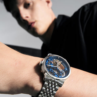 AGELOCER Original Hollow Blue Free-sprung Balance Flying Tourbillon Mechanical Watches Men Manual Winding Casual Stainless Steel