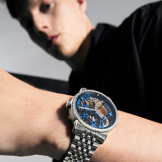 AGELOCER Original Skeleton Free-sprung Flying Tourbillon Mechanical Watch Steel Strap-Zircon Version