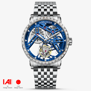 AGELOCER Original Skeleton Free-sprung Balance Flying Tourbillon Mechanical Watch Steel Strap-Zircon Version