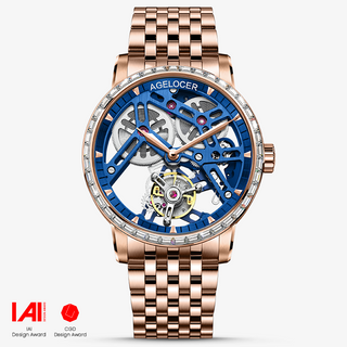 AGELOCER Original Skeleton Free-sprung Balance Flying Tourbillon Mechanical Watch Steel Strap-Zircon Version