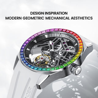 AGELOCER Original Manual Winding Flying Tourbillon Watch Men Skeleton Watches-Rainbow Bezel